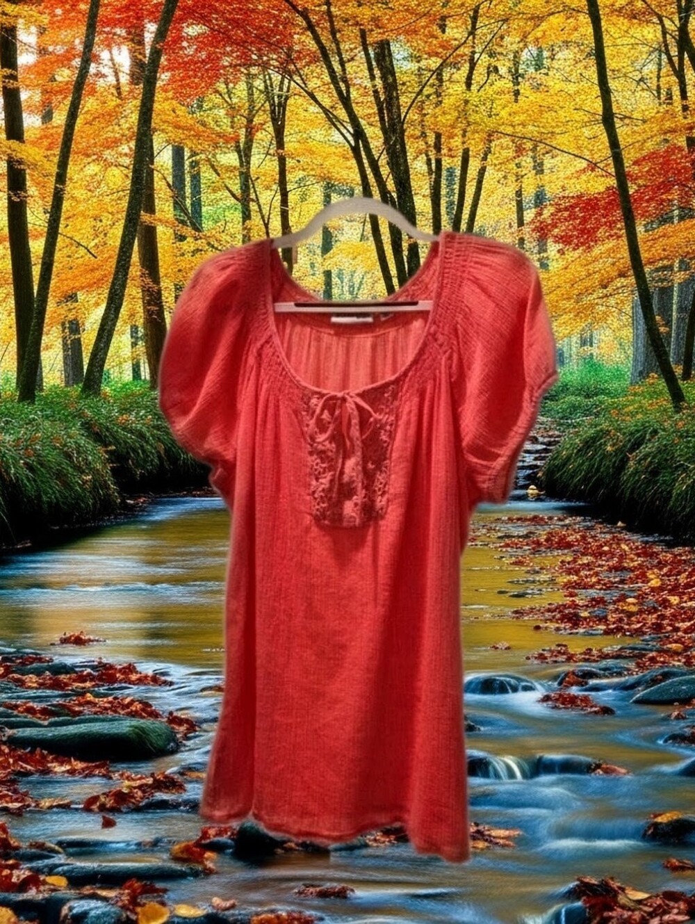 Coral Scoop Neck Peasant Blouse With Smocked Sleeves